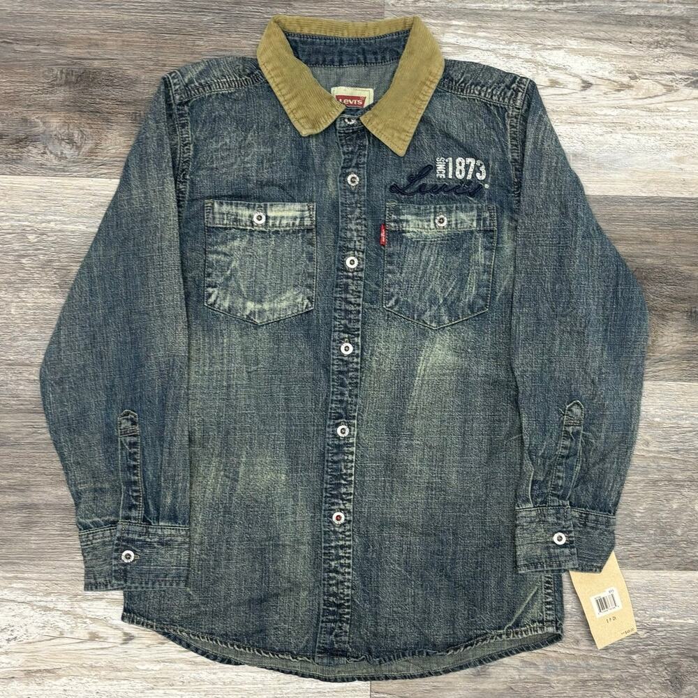 NWT Levis Corduroy Collar‎ Dark Wash Blue Boys S Button Up Denim Shirt Red Tab